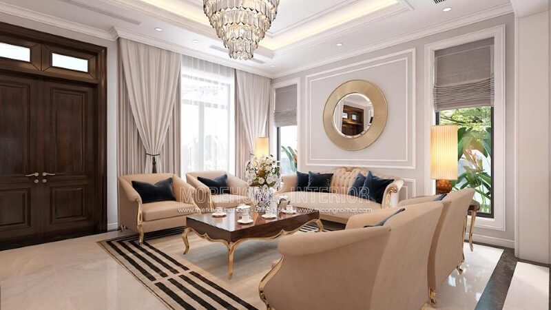 Bộ bàn ghế sofa phòng khách tân cổ điển đẹp, sang trọng, quý phái. Top các mẫu thiết kế phòng khách ưa chuộng nhất hiện nay