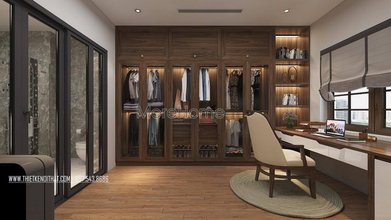 Mẫu tủ quần áo gỗ kết hợp kệ trang trí hiện đại được thiết kế âm tường, cửa kính giúp tiết kiệm không gian căn phòng