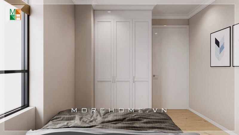 Mẫu tủ quần áo hiện đại màu trắng được thiết kế kịch trần, bố trí khoa học phù hợp với diện tích căn phòng ngủ hiện đại.