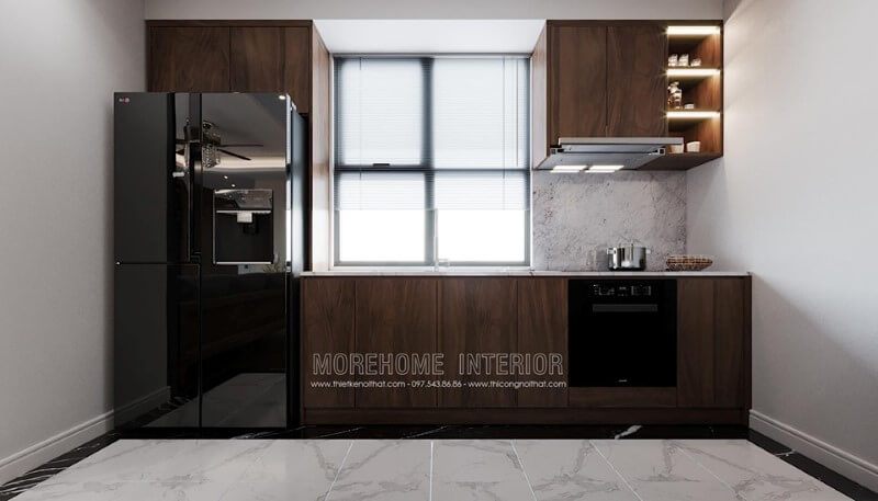 Gợi ý mẫu tủ bếp gỗ óc chó phong cách hiện đại chữ I sang trọng cho căn hộ chung cư tại Imperia Sky Garden Minh Khai Hà Nội