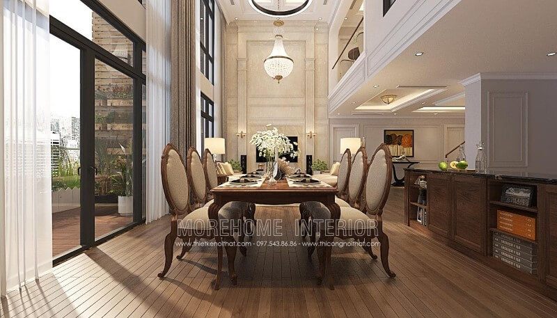 Thiết kế nội thất phòng ăn cao cấp với bộ bàn ghế ăn gỗ óc chó bọc nỉ sang trọng