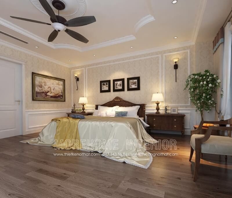 Trong mẫu thiết kế nội thất phòng ngủ biệt thự này, Morehome thiết kế táp đầu giường tủ đầu giường gỗ óc chó kiểu dáng tân cổ điển nhẹ nhàng, phù hợp với chiếc giường ngủ gỗ tân cổ điển đơn giản sang trọng.