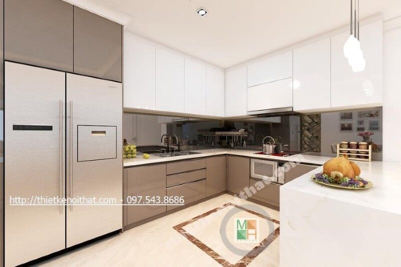 Tủ bếp hiện đại được thiết kế theo kiểu dáng chữ u đầy mới lạ, các ngăn tủ được phân chia một cách khoa học giúp cho người nội trợ dễ dàng tạo cảm hứng hơn trong quá trình nấu nướng