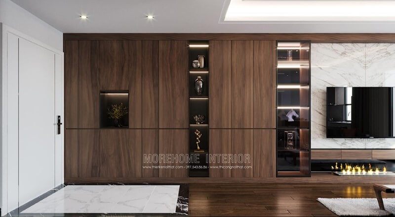 Tủ trang trí gỗ óc chó hiện đại, đẹp và sang trọng được đặt tại phòng khách chung cư Imperia Sky Garden Minh Khai Hai Bà Trưng Hà Nội.