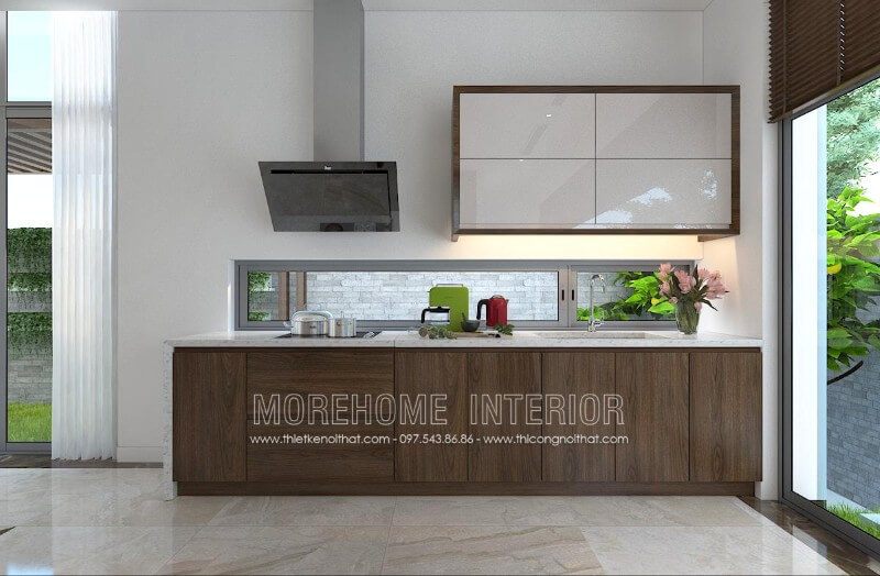 Tủ bếp gỗ tự nhiên nhập khẩu có thiết kế đơn giản không cầu kỳ, nhưng vẫn đáp ứng đầy đủ công năng sử dụng, thỏa mãn tính thẩm mỹ và bắt mắt, đại diện cho sự sang trọng của gia chủ.